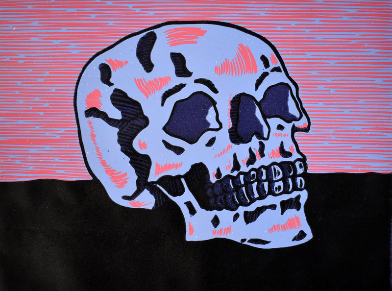 "Bubblegum Skull" (Four-Color Linocut Reduction on Masa Paper) (2023) (8x10")
